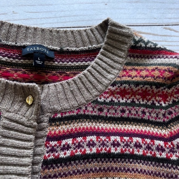 Talbots Wool Blend Fair Isle Cardigan in Red Green and Tan size Small - Picture 8 of 14